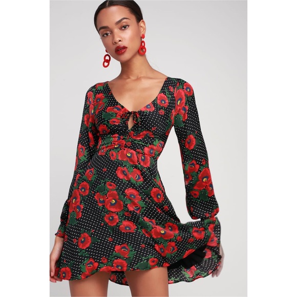 Free People Dresses & Skirts - 25 Free People Morning Light Black Print Long Sleeve Mini Dress floral satin